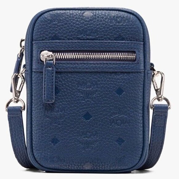 MCM Worldwide Unisex Cobalt Blue Tivitat Crossbody Belt Bag Logo Leather Sling - Picture 8 of 8